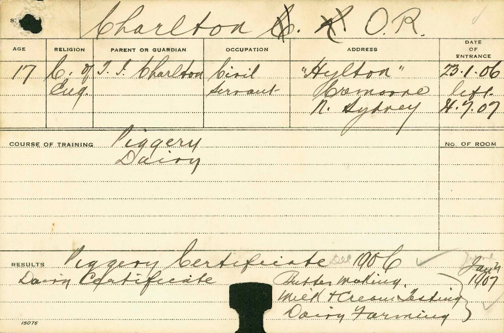 CHARLTON, Oswald R (Certificate - Piggery, Dairy, Butter Making, Milk and Cream Testing &amp; Dairy Farming)
