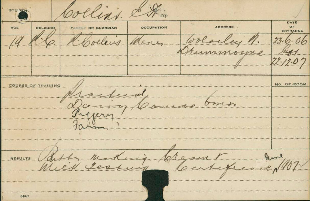 COLLINS, EH (Practical course - Dairy, Piggery &amp; Farm, Certificate - Buttermaking, Cream &amp; Milk testing)