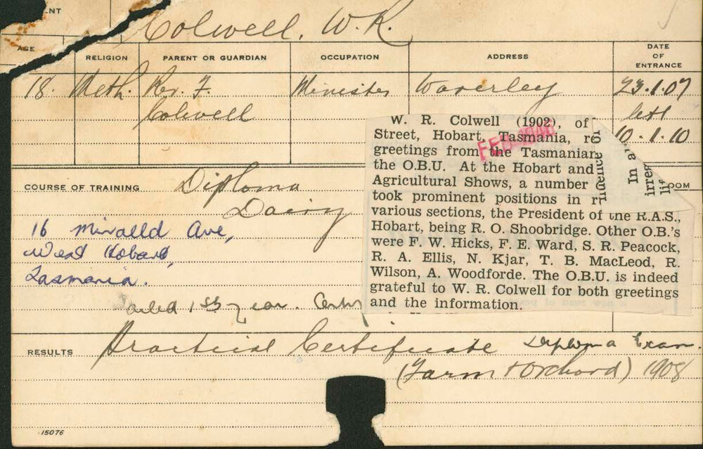 COLWELL, Walter Rudford (Hawkesbury Diploma of Agriculture (HDA))