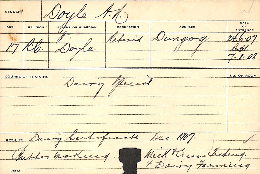 DOYLE, AN (Certificate - Dairy, Special Courses - Butter Making, Milk &amp; Cheese testing, &amp; Dairy farming)