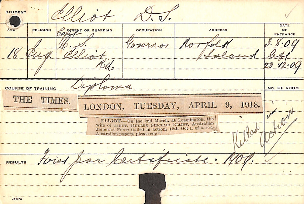 ELLIOT, Dudley Sinclair (Hawkesbury Diploma of Agriculture (HDA) (First Year Certificate))