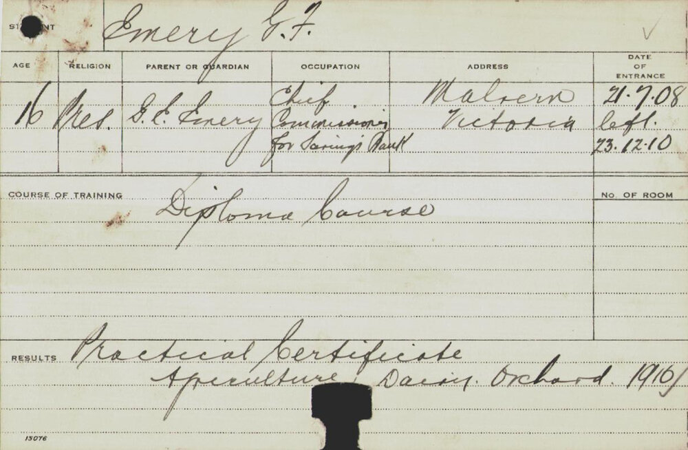 EMERY, George F (Hawkesbury Diploma of Agriculture (HDA) &amp; Practical Certificate - Agriculture, Dairy &amp; Orchard)