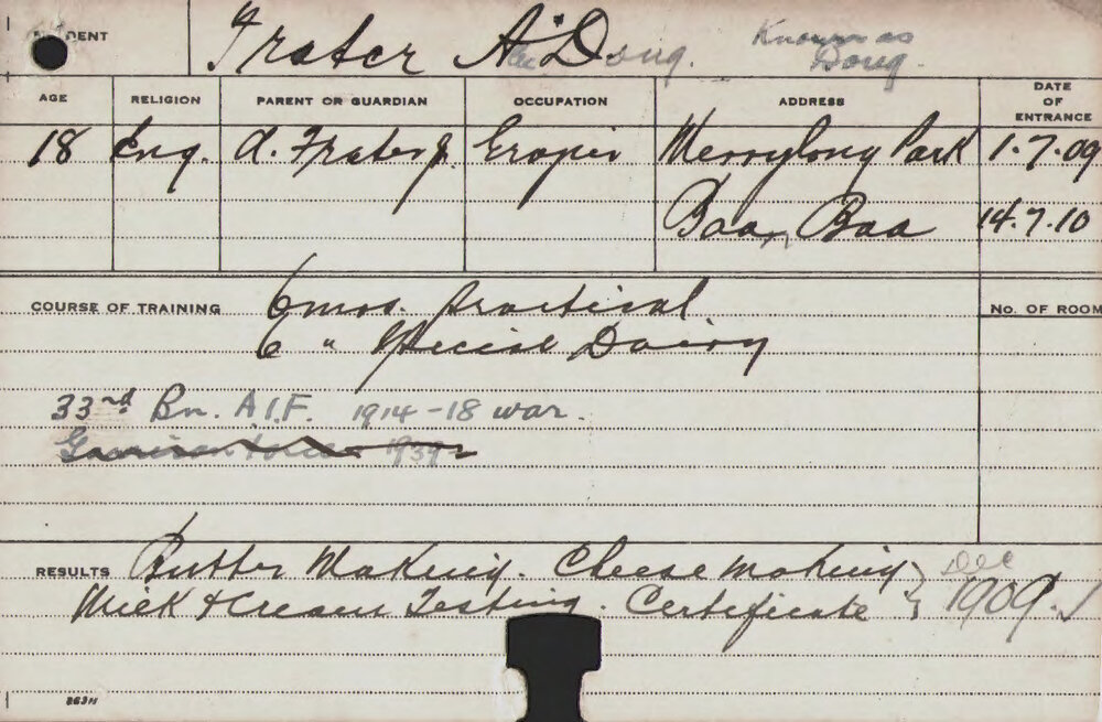 FRATER, Alec Doug (Special Course - Practical, Dairy, Butter &amp; Cheese Making, Milk &amp; Cream Testing)