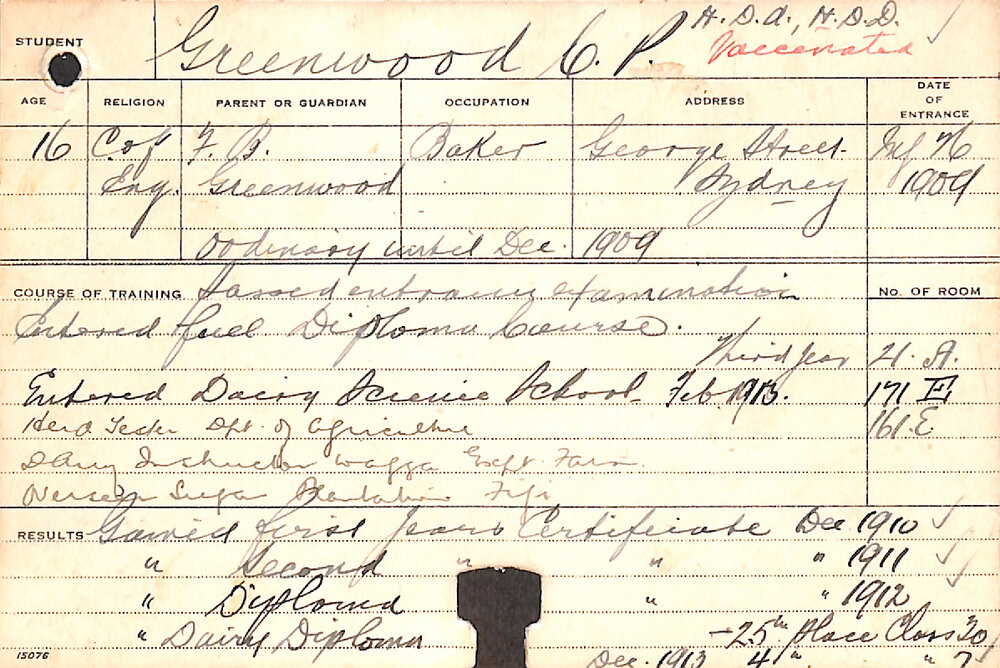 GREENWOOD, CP (Hawkesbury Diploma of Agriculture (HDA)/ Hawkesbury Diploma in Dairy (HDD))