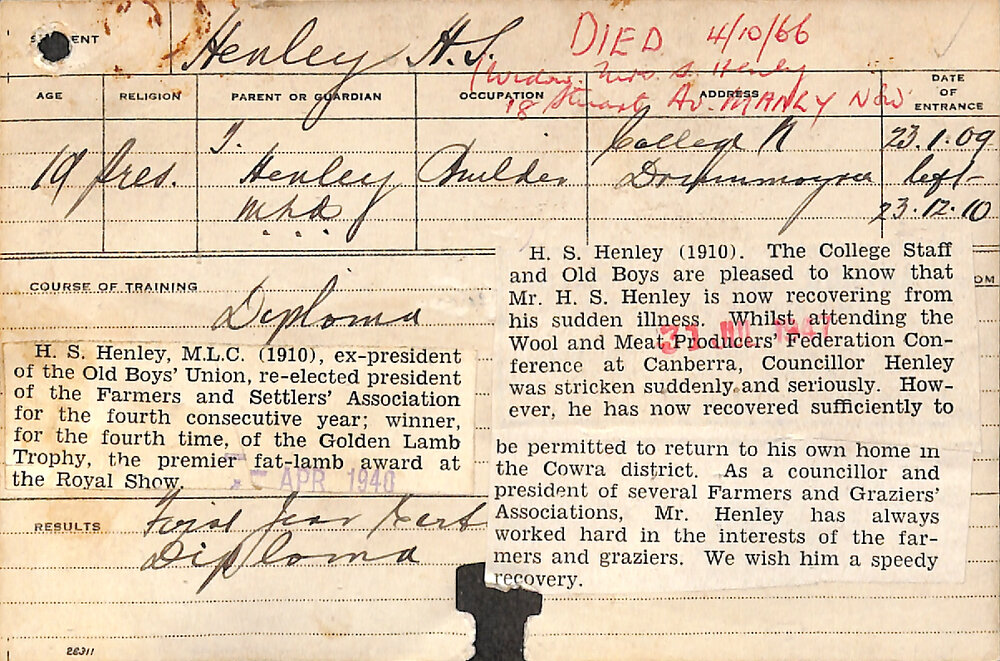 HENLEY, Herbert Sydney (Hawkesbury Diploma of Agriculture (HDA))