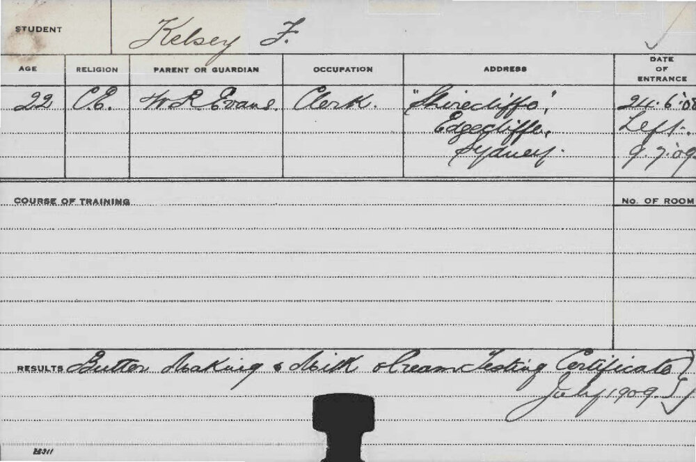 KELSEY, F (Butter Making, Milk &amp; Cream Testing Certificate)