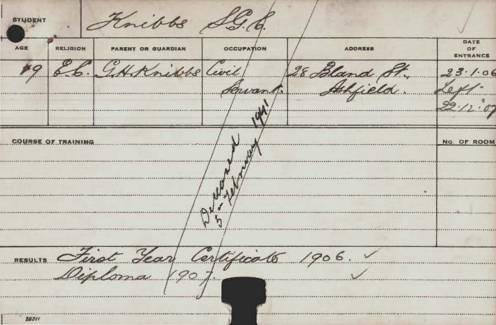 KNIBBS, Stanley George Curthoys (Hawkesbury Diploma of Agriculture (HDA) - First Year Certificate only)