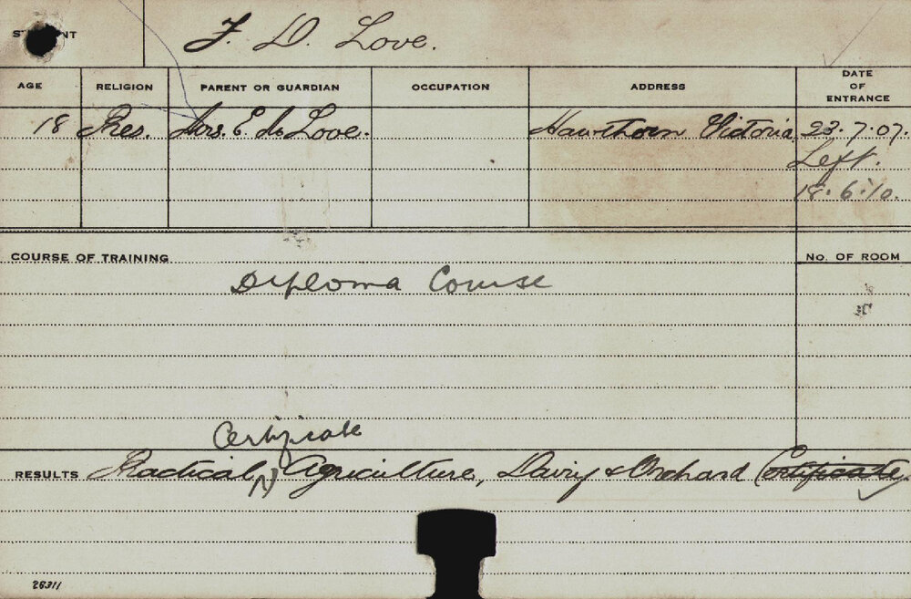 LOVE, Fred D (Diploma Course/ Practical Certificate - Agriculture, Dairy &amp; Orchard)