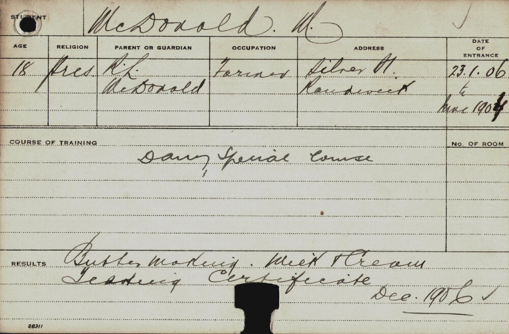 MCDONALD, Milton (Special Course - Dairy)