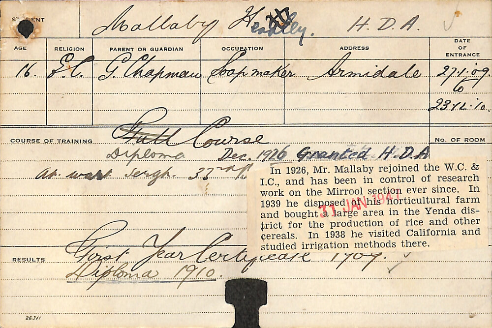 MALLABY, Headley (Hawkesbury Diploma of Agriculture (HDA))