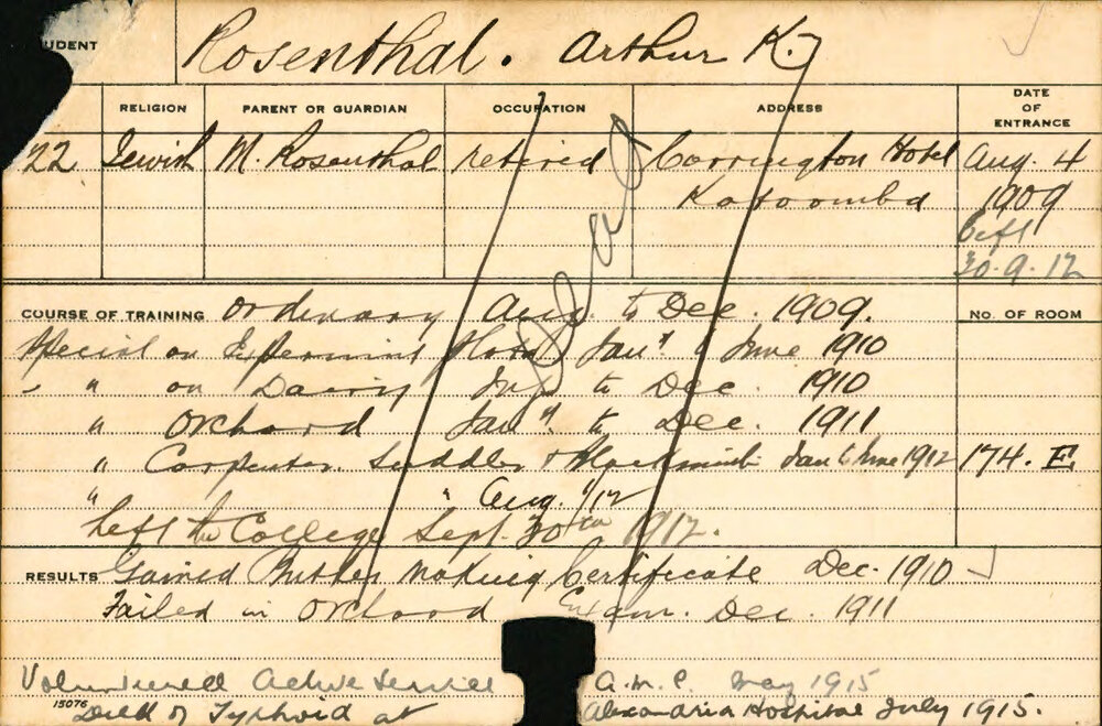 Rosenthal [Rosenthall], Arthur Kingston (Special Courses - Experimental Plots, Dairy, Orchard, Carpentry, Saddler &amp; Blacksmith)