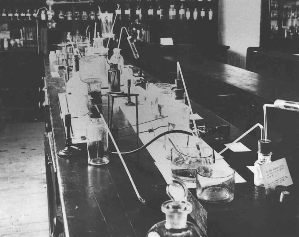 Chemical Laboratory - Bench with various apparatus set up [Hawkesbury Agricultural College (HAC)]