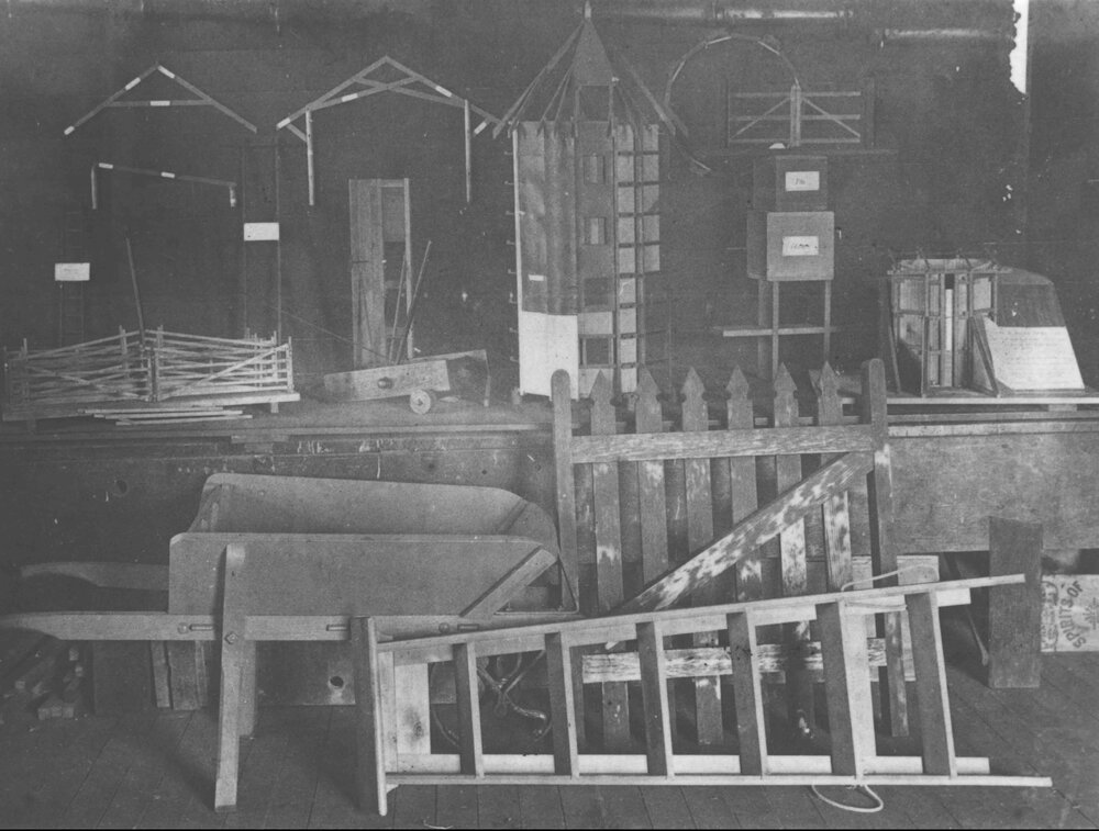 Examples of students' work - wheelbarrow, ladder, gate for picket fence [Hawkesbury Agricultural College (HAC)]