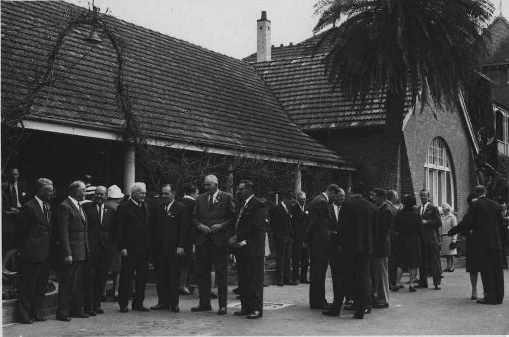 Agricultural Bureau Annual Conference - delegates standing outside the entrance to the Main Administration Building [Hawkesbury Agricultural College (HAC)]
