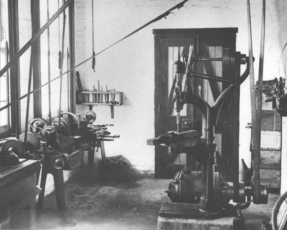 Engineering Workshop (interior) - a drill press on right [Hawkesbury Agricultural College (HAC)]