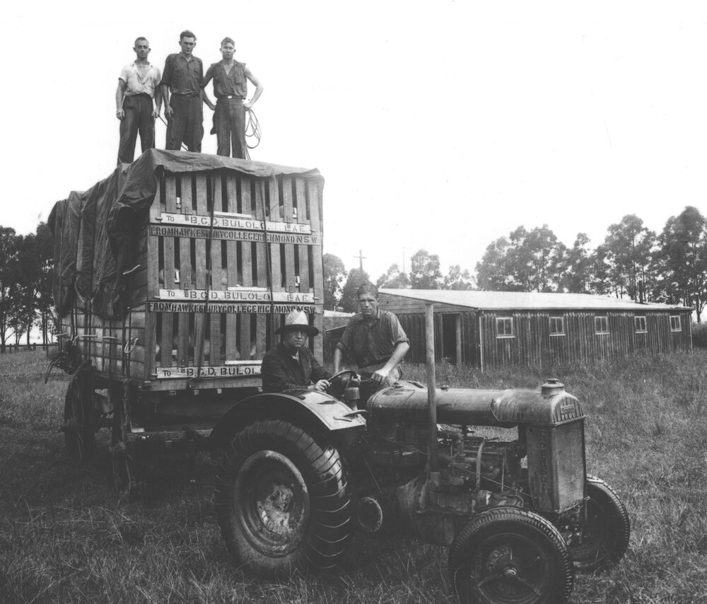 Staff member at the wheel of a Fordson tractor pulling a trailer stacked with pig crates [Hawkesbury Agricultural College (HAC)]