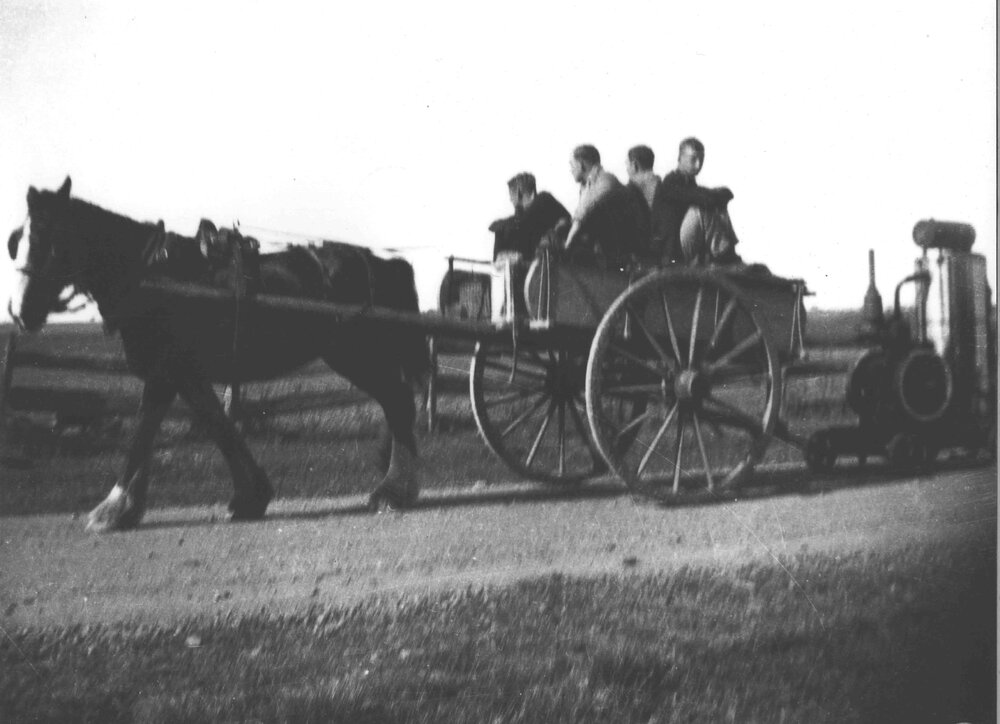 Horse-drawn tip dray (with four students) pulling a trailer with a petrol engine [Hawkesbury Agricultural College (HAC)]