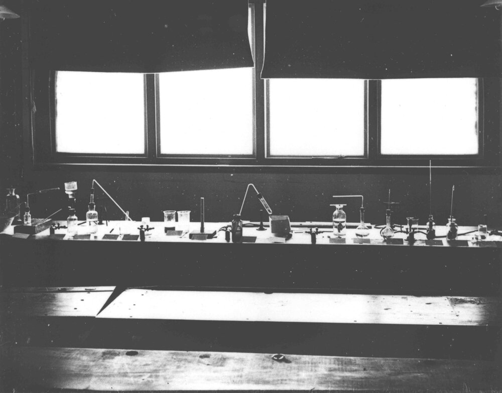Chemical Laboratory - Bench with various apparatus set up [Hawkesbury Agricultural College (HAC)]