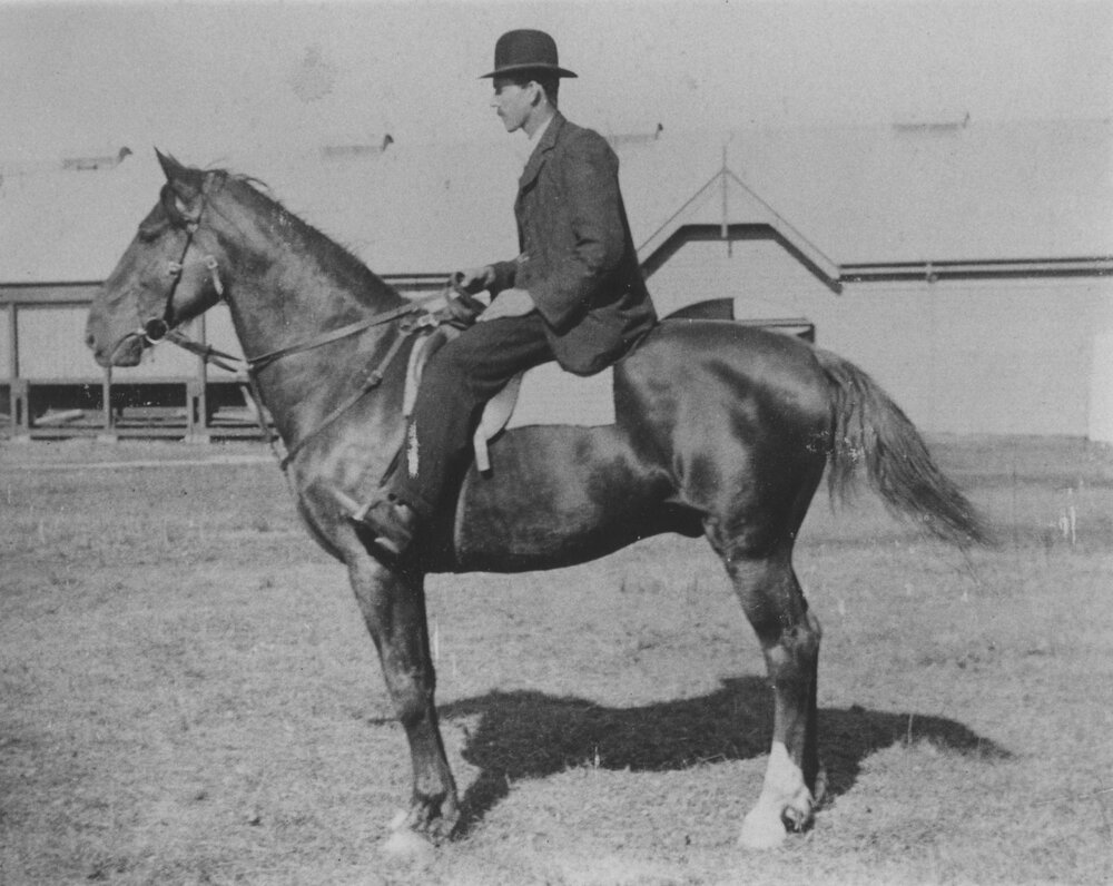 Mounted horseman outside Stable Square [Hawkesbury Agricultural College (HAC)]