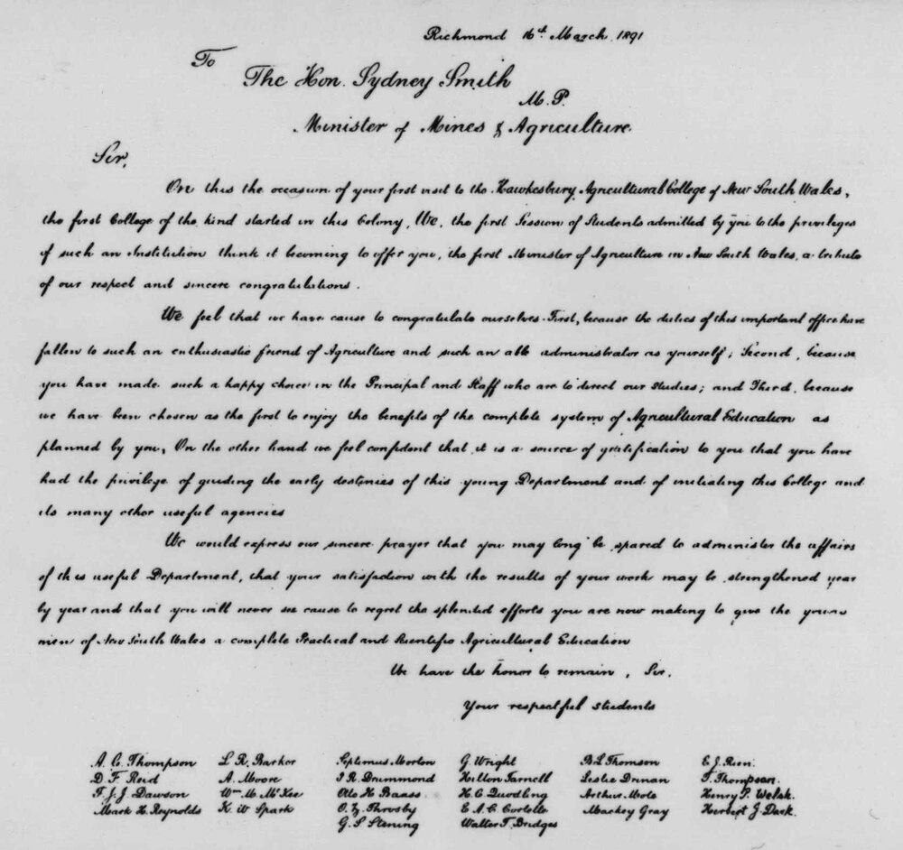 Letter to the Hon. Sydney Smith MP, Minister of Mines &amp; Agriculture from first Agriculture students and list of names - Copy [Hawkesbury Agricultural College (HAC)]
