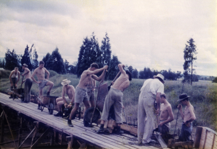 Olympic Swimming Pool - Construction (print 07 of 18) - Students and staff pouring concrete with wheelbarrows for a section of wall [Hawkesbury Agricultural College (HAC)]