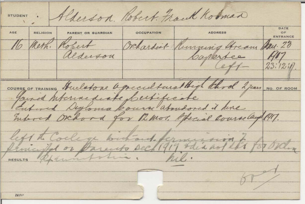 ALDERSON, Robert Frank K (Hawkesbury Diploma of Agriculture (HDA), Orchard - Special)