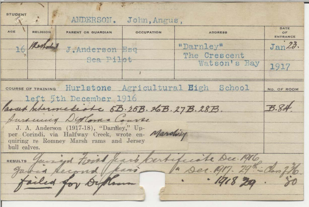 ANDERSON, John Angus (First Year Certificate &amp; Second Year Certificate - Agriculture)