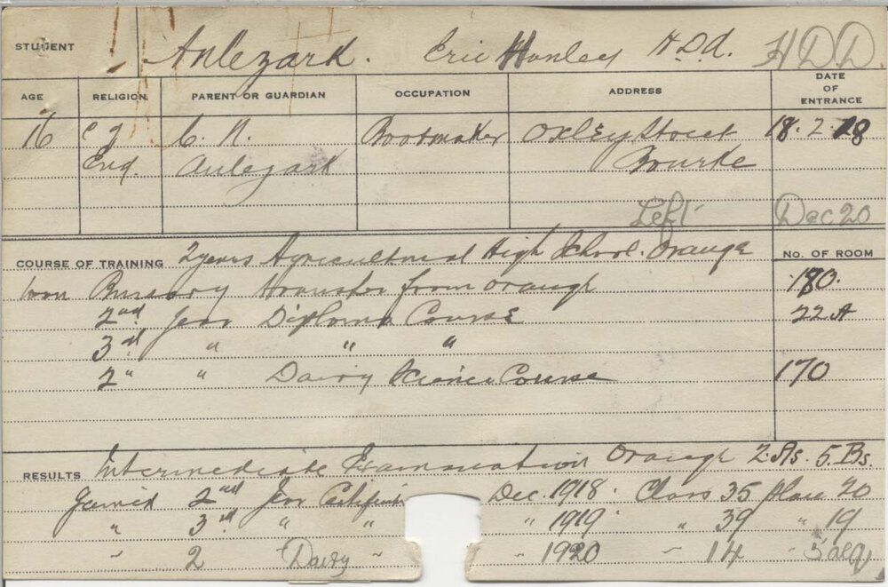 ANLEZARK, Eric Hanley (Hawkesbury Diploma of Agriculture (HDA) &amp; Hawkesbury Diploma in Dairying (HDD))