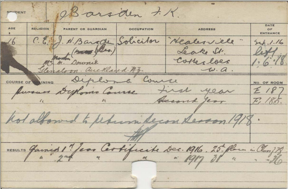 BARSDEN, Frank K (Hawkesbury Diploma in Agriculture (HDA) (First &amp; Second year Certificate))