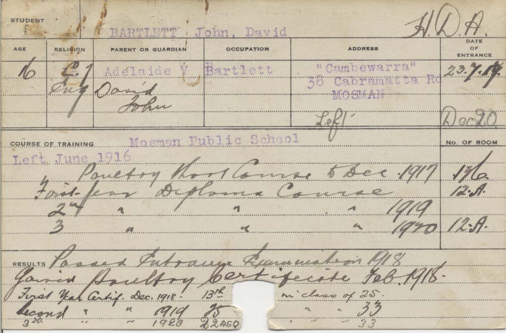 BARTLETT, John David (Hawkesbury Diploma in Agriculture (HDA) &amp; Certificate - Poultry)