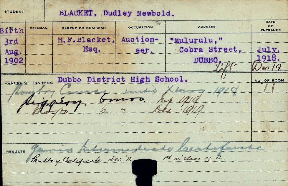 BLACKET, Dudley Newbold (Short Course - Poultry and Piggery and Shops/ Intermediate Certificate)