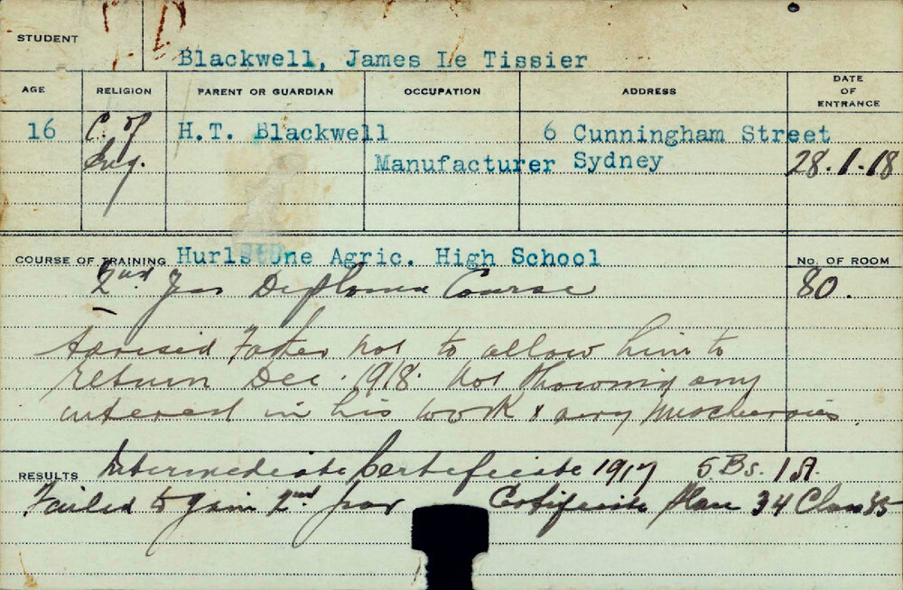 BLACKWELL, James Le Tissier (Certificate - Second year Agriculture)