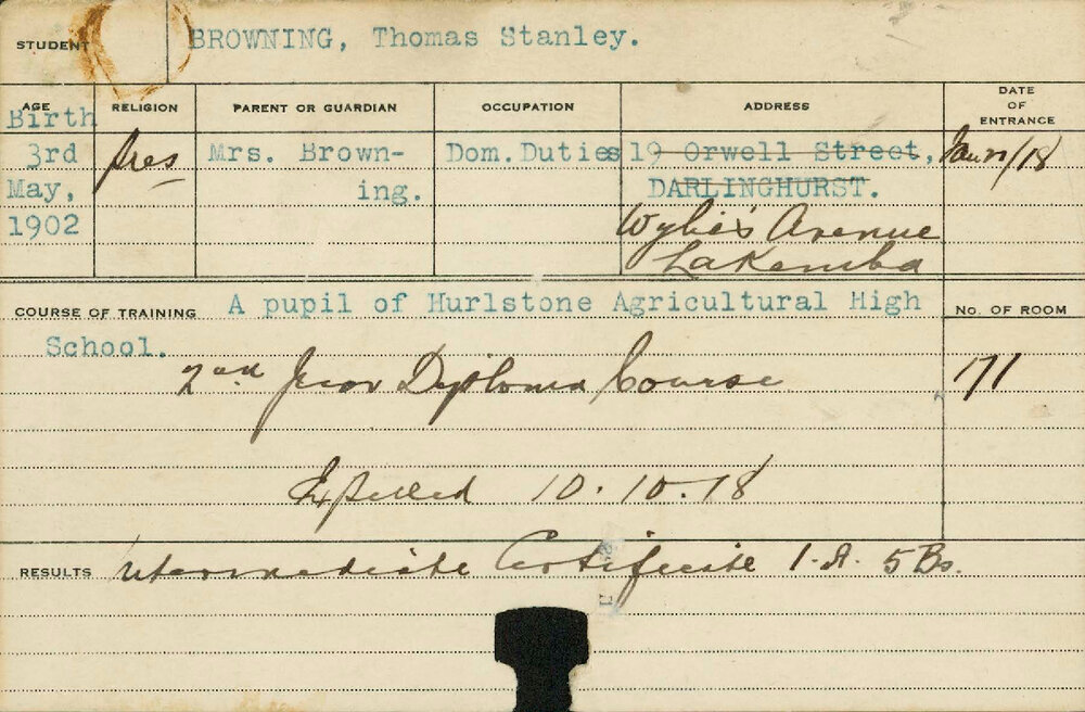 BROWNING, Thomas Stanley (Hawkesbury Diploma of Agriculture (HDA) &amp; Intermediate Certificate)