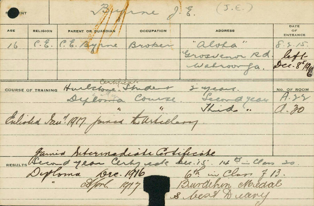 BYRNE, Jack E (Hawkesbury Diploma of Agriculture (HDA) (Burdekin Medal) &amp; Intermediate Certificate)