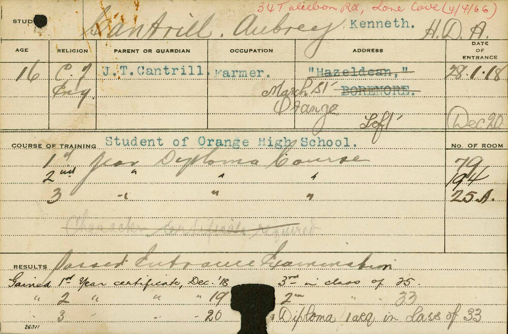 CANTRILL, Aubrey K (Hawkesbury Diploma of Agriculture (HDA)(Dux))