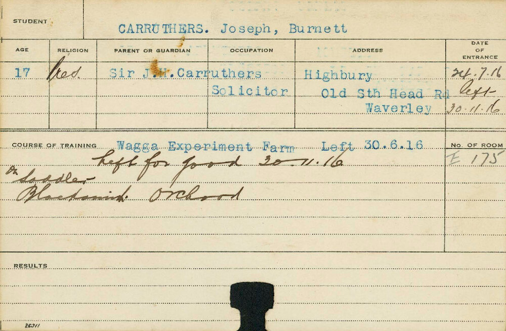 CARRUTHERS, Joseph Burnett (Short Courses - Saddler, Blacksmith &amp; Orchard)