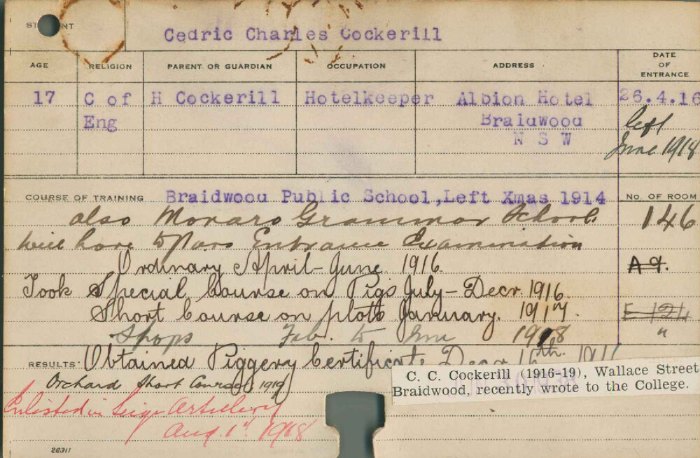 COCKERILL, Cedric Charles (Course - Ordinary, Special course - Dairy and Piggery and Experimental plots, Shops, Short Course - Orchard, Certificate - Piggery)