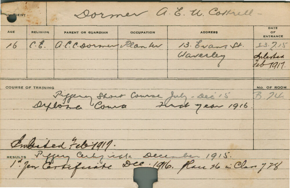 COTTRELL-DORMER, AEU (Certificate - Piggery &amp; First year)