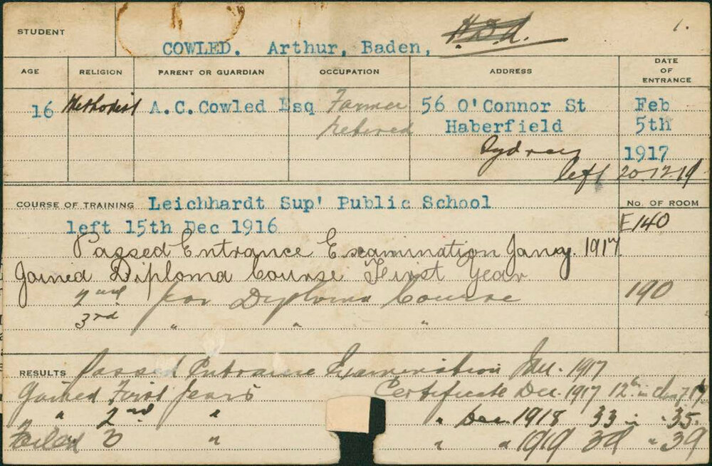 COWLED, Arthur Baden (Certificate - First &amp; Second year)