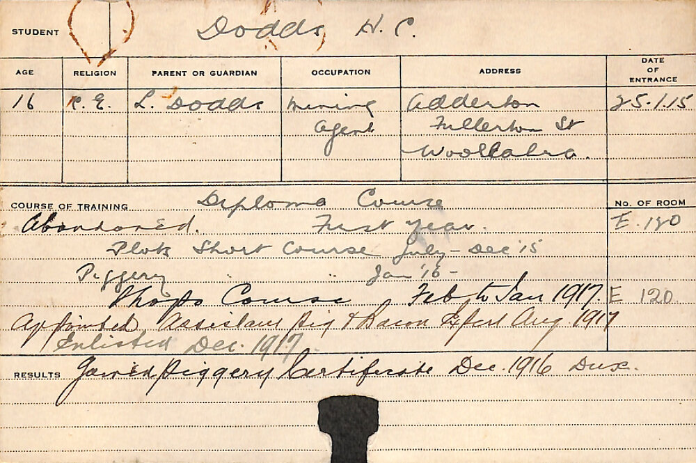 DODDS, Henry Charles (Hawkesbury Diploma of Agriculture (HDA), Certificate - Piggery, Short Course - Plots &amp; Shops)