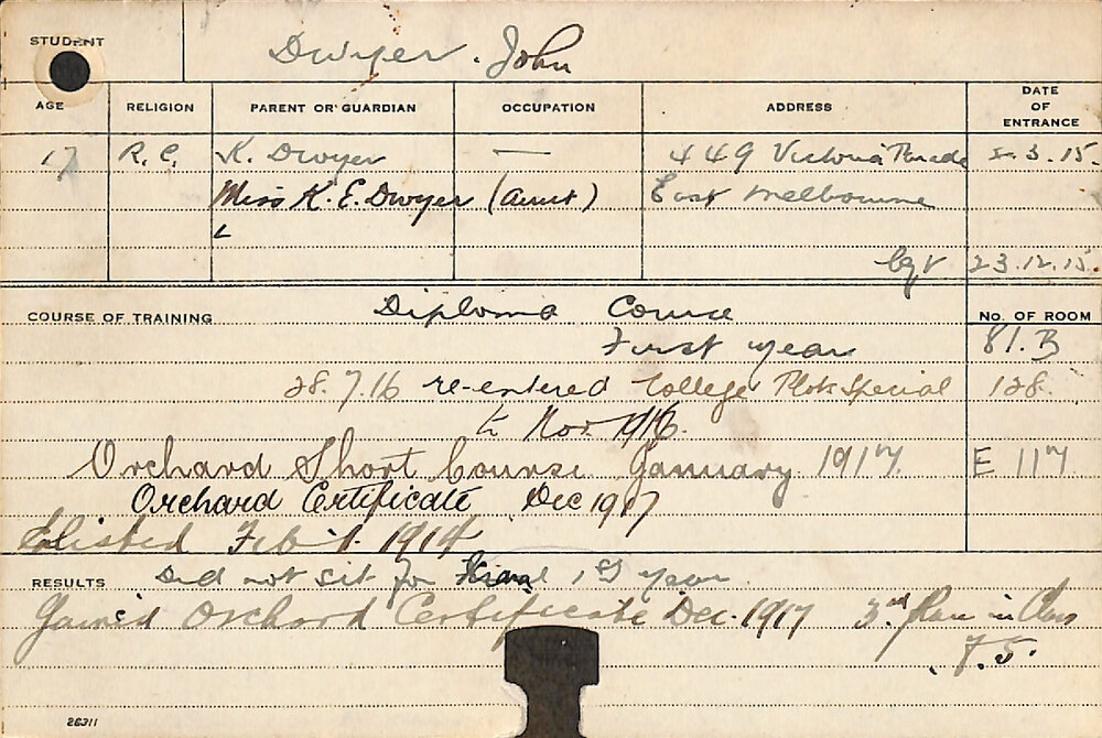 DWYER, John (Diploma course - First Year, Certificate - Orchard)