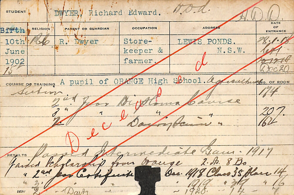 DWYER, Richard Edward (Hawkesbury Diploma of Agriculture (HDA) &amp; Dairy Certificate)