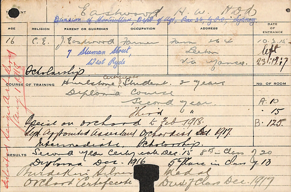 EASTWOOD, Harry W (Hawkesbury Diploma of Agriculture (HDA). Special Course - Orchard.)