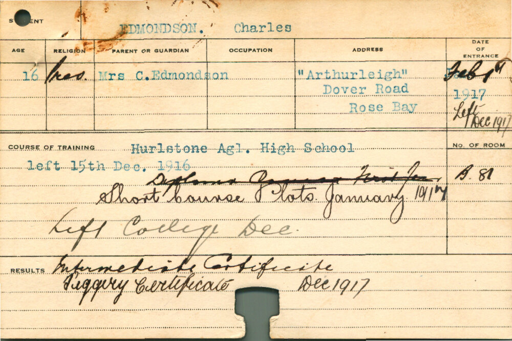 EDMONDSON, Charles (Intermediate Certificate. Shorts Course - Plots. Piggery Certificate.)