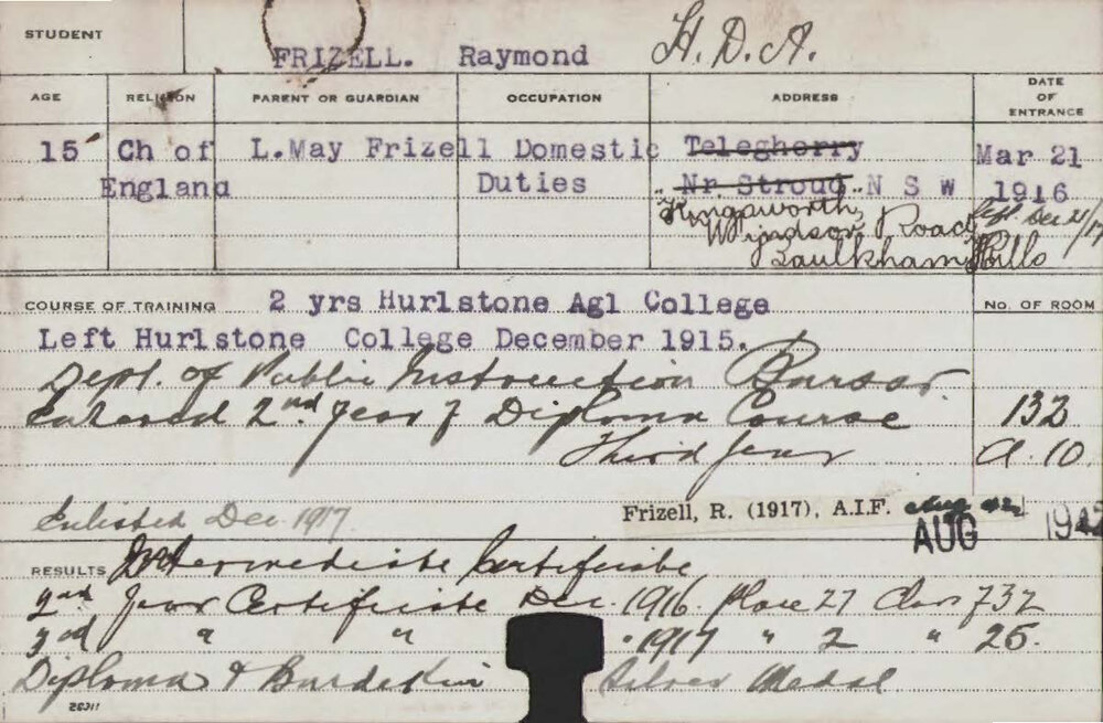 FRIZELL, Raymond (Hawkesbury Diploma of Agriculture (HDA) (Burdekin Medal))