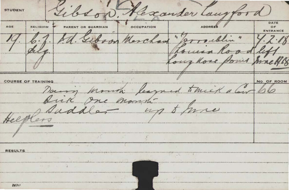 GIBSON, Langford Alexander (Short Courses - Dairy &amp; Saddlery)