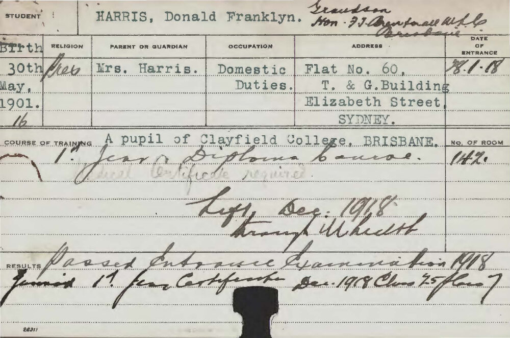 HARRIS, Donald Franklyn (First year diploma course)