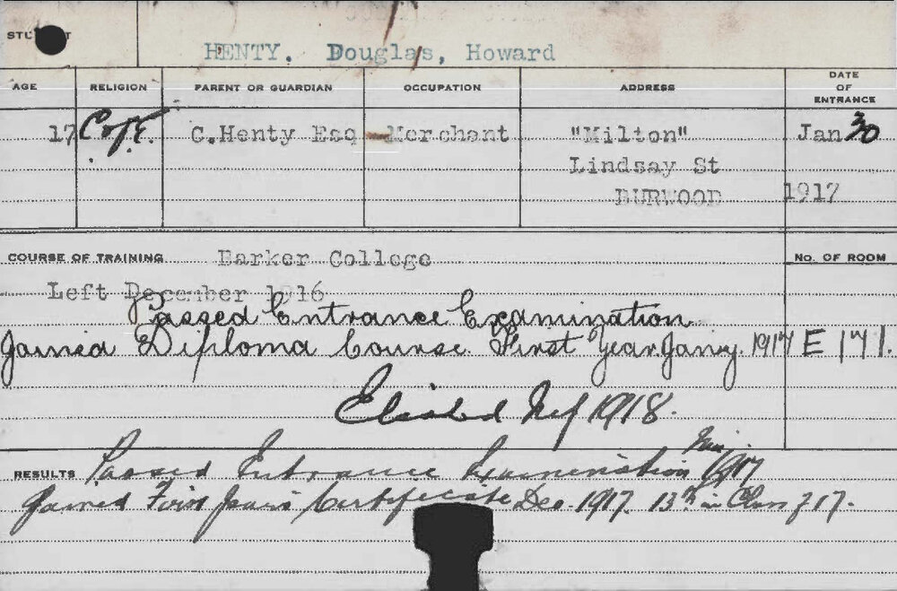 HENTY, Douglas Howard (First year diploma course)