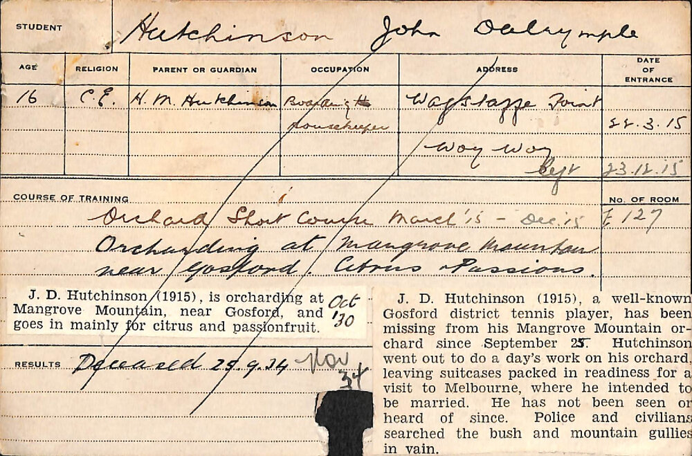 HUTCHINSON, John Dalrymple (Short course - Orchard)