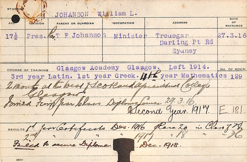 JOHANSON, William L (Hawkesbury Diploma of Agriculture (HDA) - First Year Certificate only)